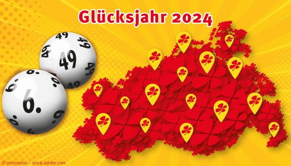 Glücksjahr 2024 - LOTTO Mecklenburg-Vorpommern Landkarte mit LOTTO 6aus49-Kugeln