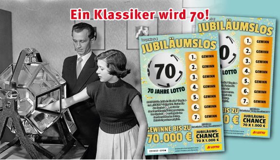 LOTTO 6aus49 wird 70! Das Bild zeigt die erste Ziehung der Lottozahlen 1955 in Hamburg sowie das Jubiläumslos 70 Jahre LOTTO.