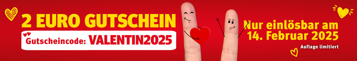 Zwei gekreuzte und lächelnde Finger umgeben von Herzen präsentieren den Gutscheincode VALENTIN2025, nur einlösbar am 14. Februar 2025