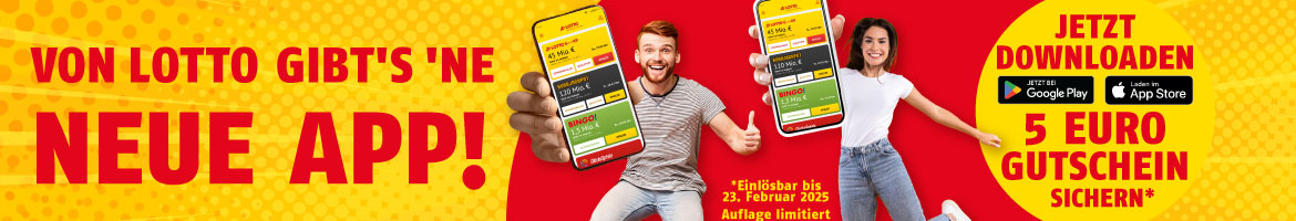 Zwei hüpfende Personen mit Smartphones in der Hand, die die LOTTO MV APP zeigen, sowie Text – Von Lotto gibt's 'ne neue APP - Jetzt downloaden - 5 Euro Gutschein sichern